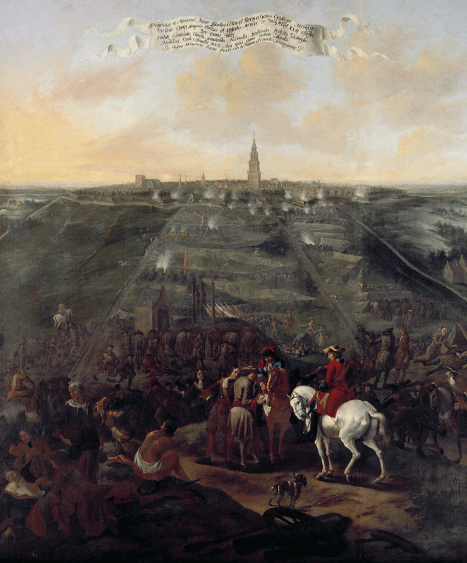 De belegering van Groningen, met op zijn witte paard Bommen Berend. Hij zou tijdens de belegering duizenden manschappen verliezen door ziekte. Dankzij de uitstekende vestingwerken van de stad kon hij Groningen niet innemen en moest hij afdruipen. 