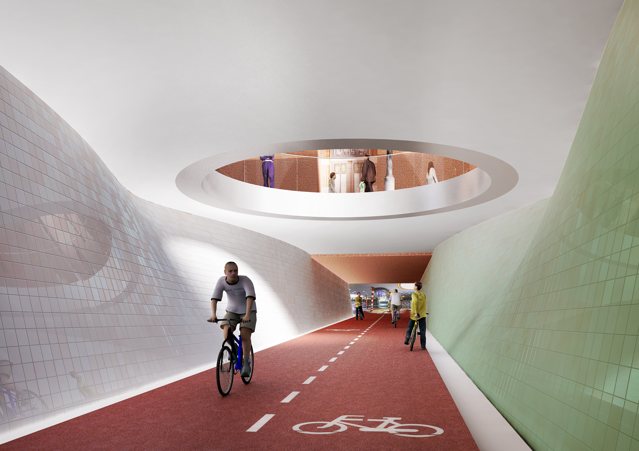 Impressie van hoe de fietstunnel op het Hoofdstation er mogelijk uit komt te zien ter hoogte van het nieuwe perronplein.