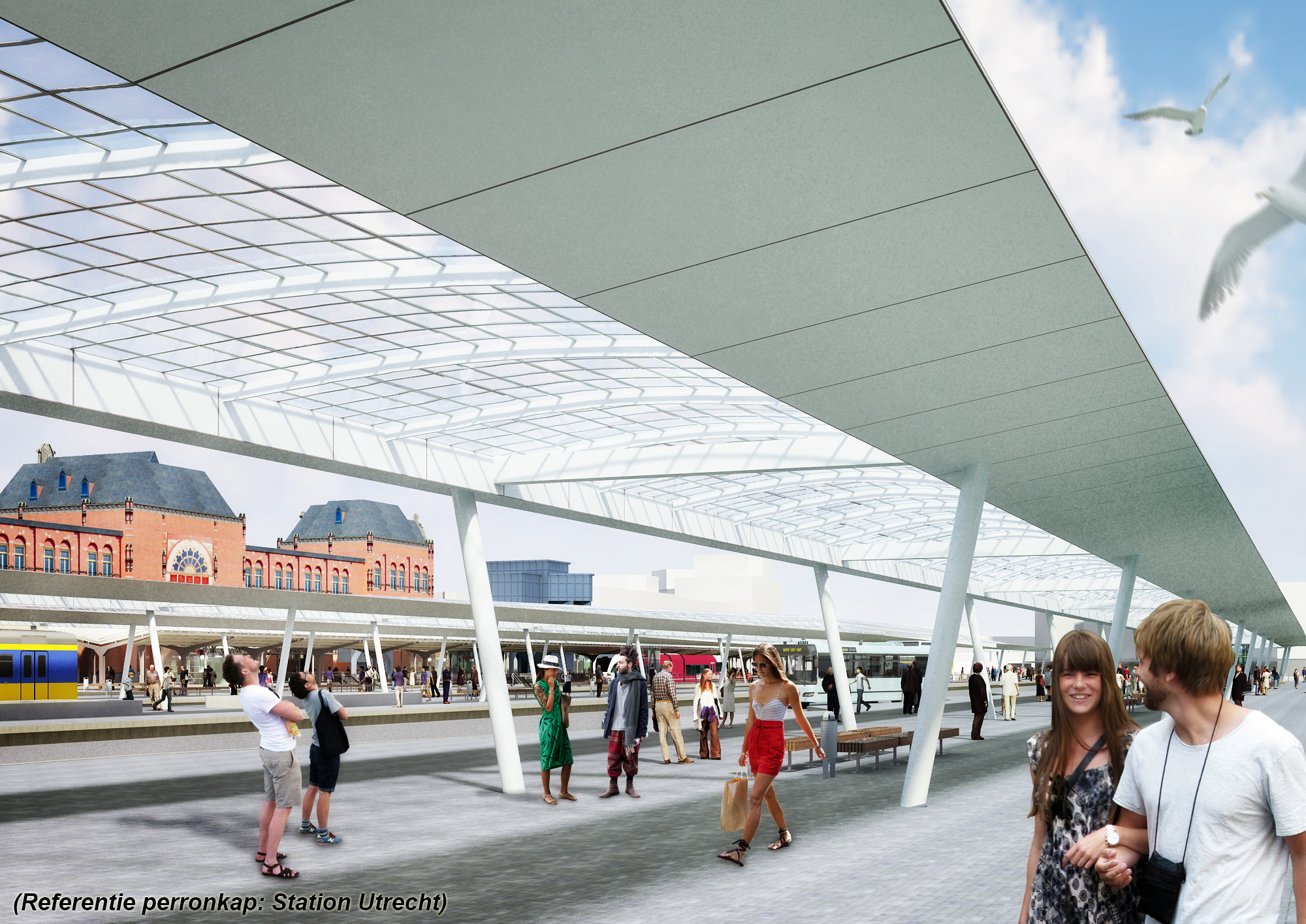 Impressie van hoe het Hoofdstation er met perronkappen mogelijk uit komt te zien (referentie station Utrecht).