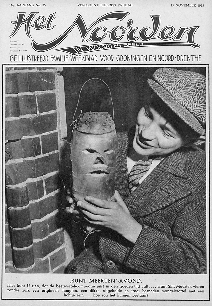 Sint-Maartensviering met een lampion gemaakt van een suikerbiet. Voorzijde van ‘Het Noorden in woord en beeld’ van 15-11-1935