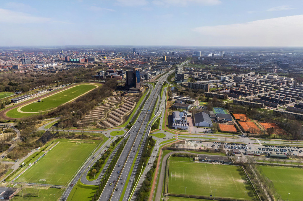 Zo komt de westelijke entree van Groningen er straks uit te zien. Midden op de voorgrond de oprit die nu wordt aangelegd.