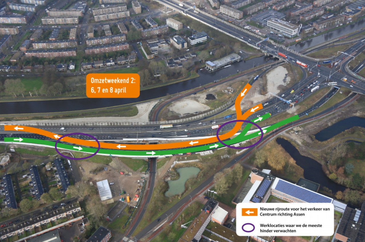 Verkeer op A28 richting Assen vanaf zondag over tijdelijke weg