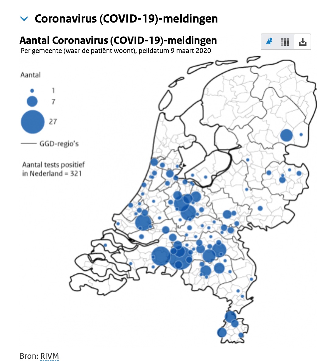 Het officiële kaartje van het RIVM, waarin de Friese besmettingen nog niet zijn meegenomen