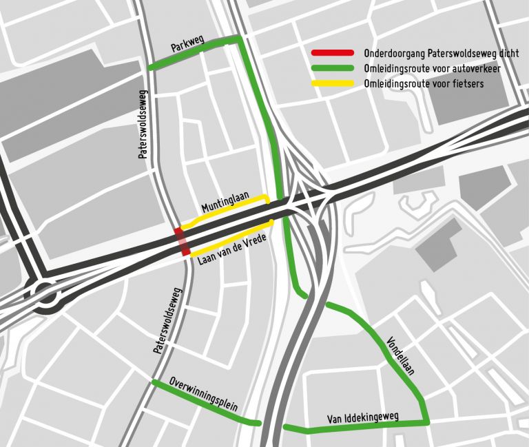 De onderdoorgang van de Paterswoldseweg is dicht (rood). Autoverkeer (groen) en fietsers (geel) worden omgeleid.