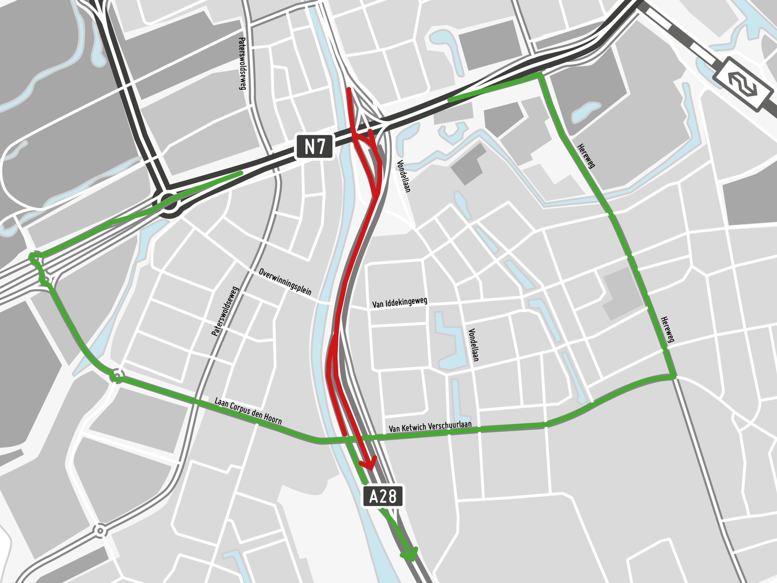 Omleidingsroutes voor verkeer tussen Groningen en Haren. In rood de afsluiting, in groen de omleidingsroutes.