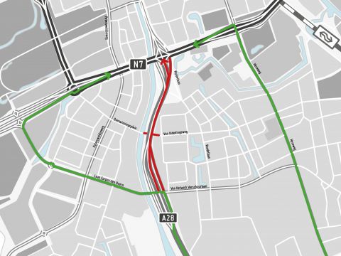Omleidingsroutes voor verkeer tussen Haren en Groningen. In rood de afsluiting, in groen de omleidingsroutes.