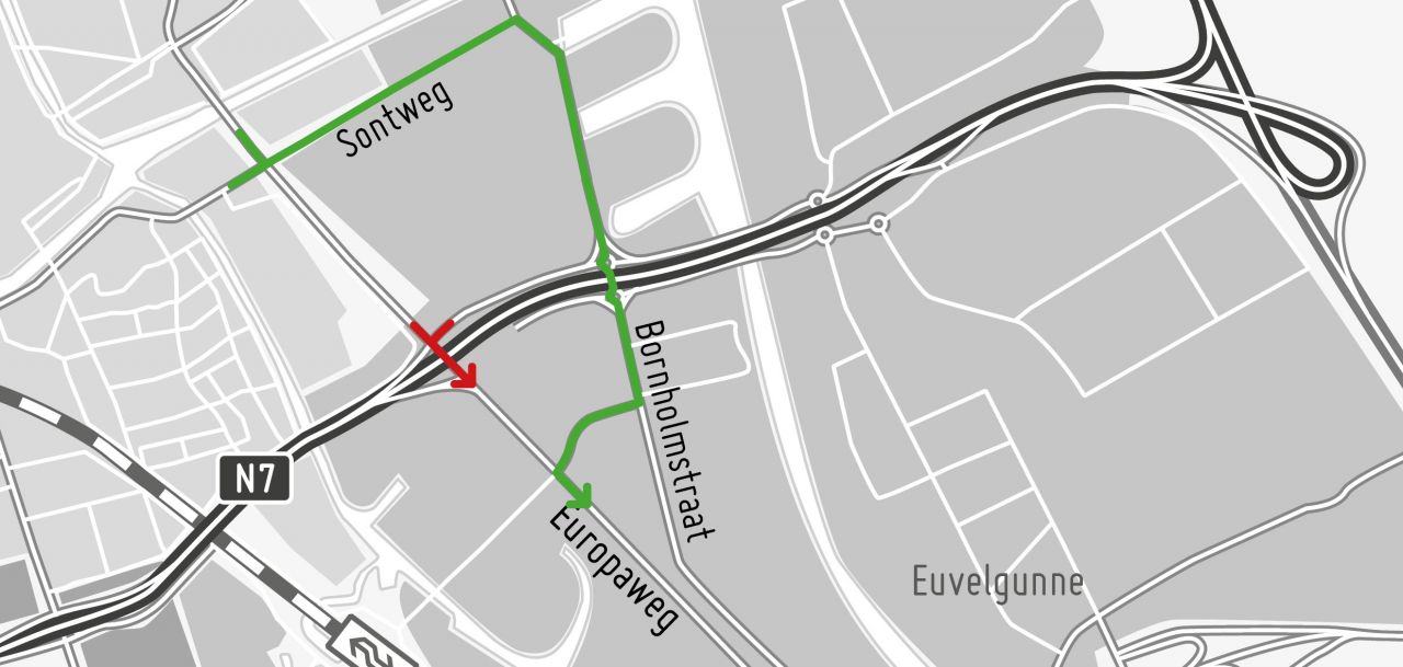 De Europaweg is van 30 tot en met 31 juli afgesloten ter hoogte van de zuidelijke ringweg voor verkeer richting knooppunt Westerbroek.