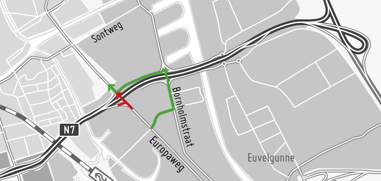 De Europaweg is van 31 juli tot 2 augustus afgesloten ter hoogte van de zuidelijke ringweg voor verkeer richting het centrum van Groningen.