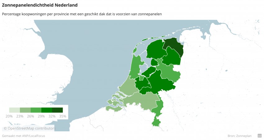 Groningen voorop met zonne-energie: al 34 % van de koopwoningen heeft zonnepanelen