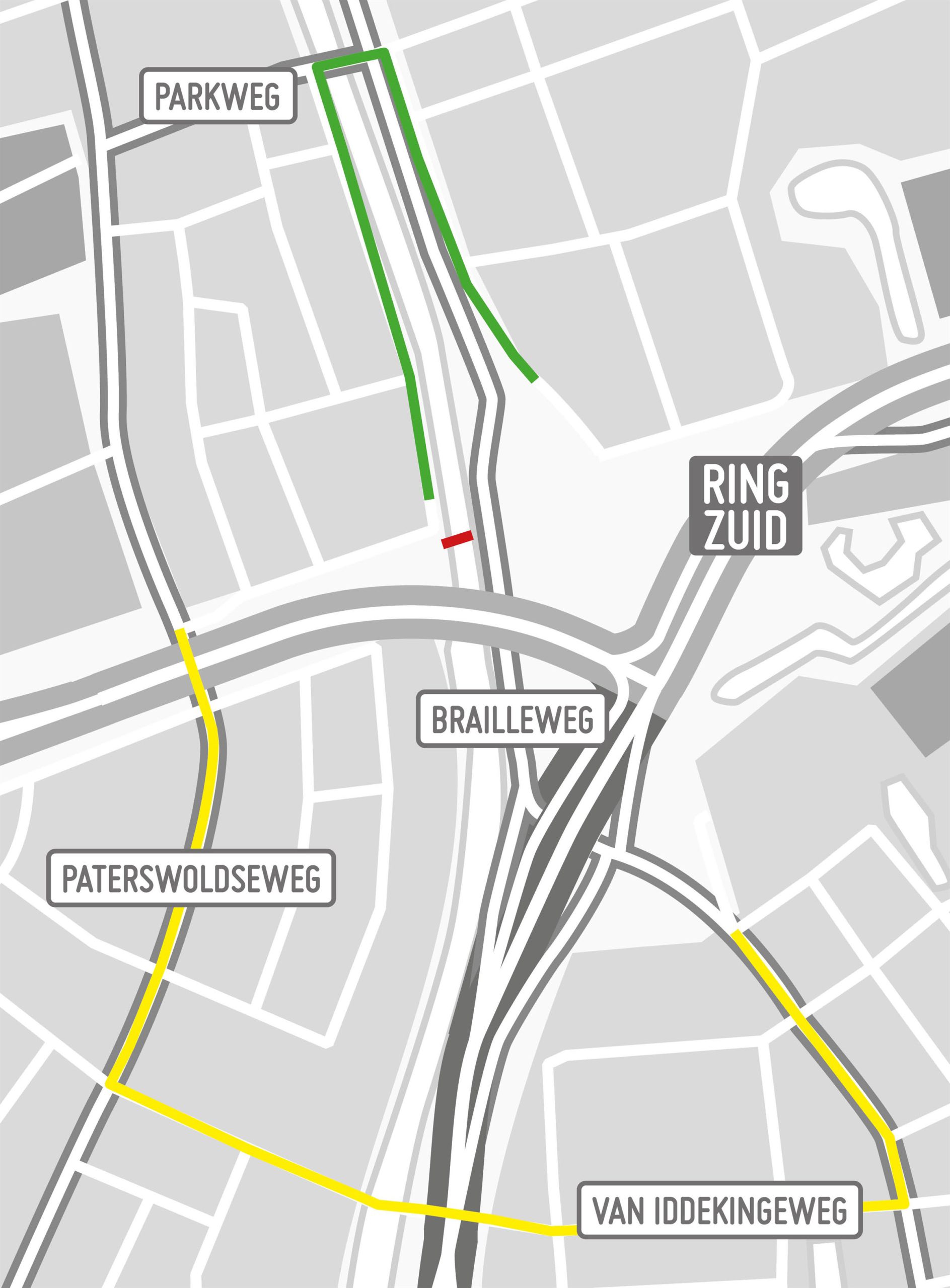 De Muntingbrug (rood) is tot het voorjaar van 2023 dicht. Fietsers en voetgangers kunnen via de Parkbrug (groene route) of de Van Iddekingeweg.