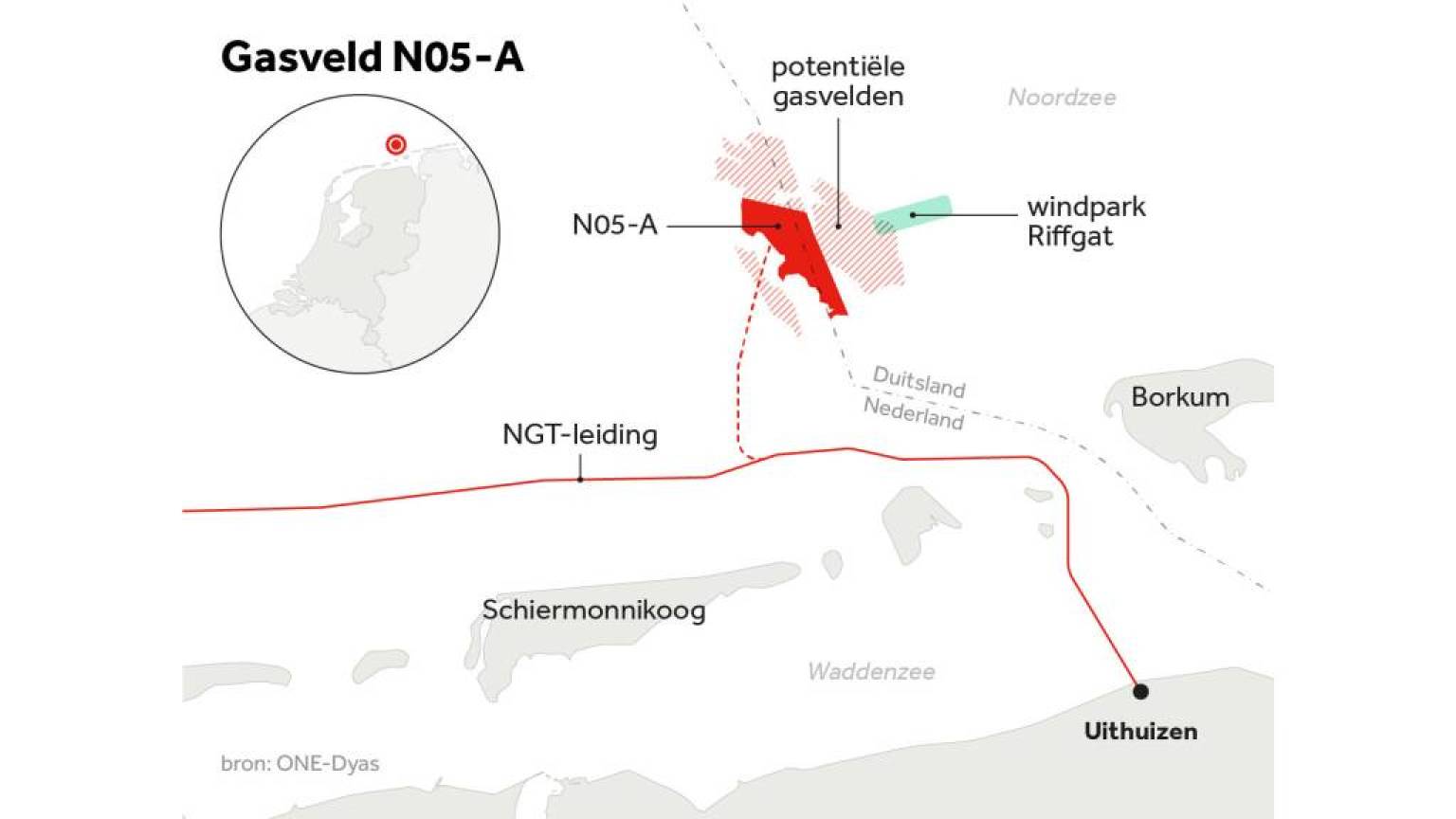 Locatie van het gasveld bij Schiermonnikoog en Borkum. Bron: NOS