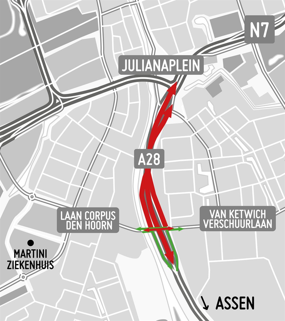 De verkeerssituatie op de A28 komend weekend. In de nachten en zondag overdag is de toerit Groningen-Zuid richting Assen ook afgesloten. Foto: Groningen Bereikbaar