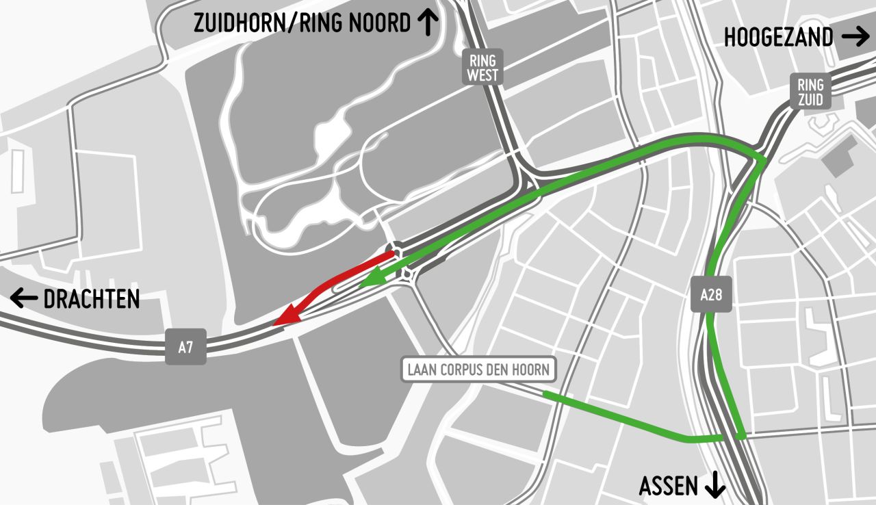 De afsluiting van de toerit in rood. In groen de omleidingsroute voor het verkeer vanaf de Laan Corpus den Hoorn.
