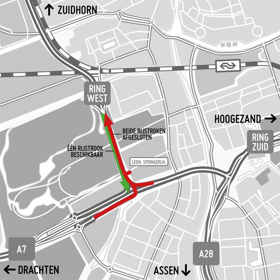 De afsluiting bij het Vrijheidsplein (rode lijn) van 30 oktober tot en met 9 november. Kaart: Groningen Bereikbaar