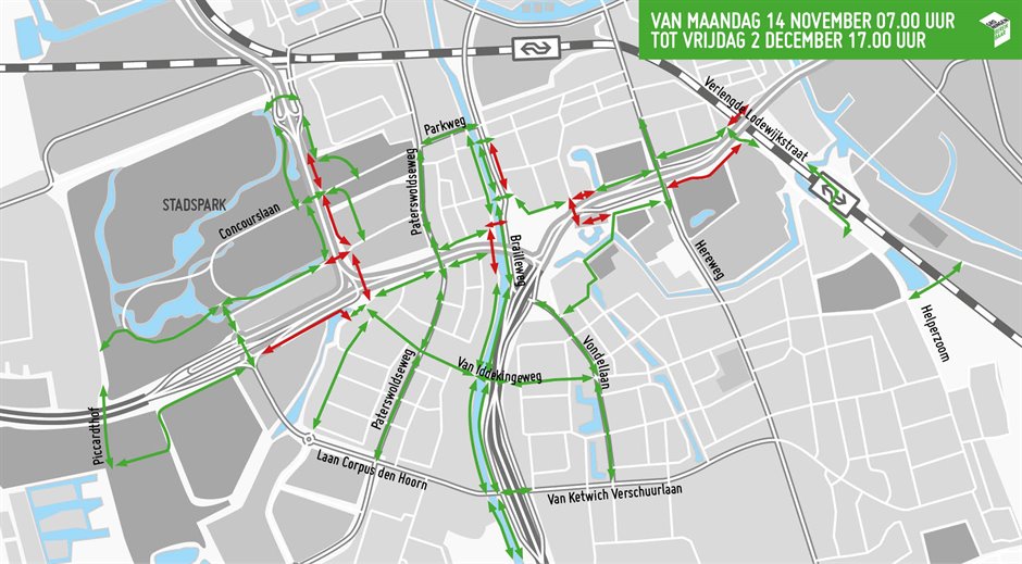 De belangrijkste fietsverbindingen in de omgeving van de zuidelijke ringweg in Groningen. De groene fietsroutes zijn open, de rode zijn dicht. Kaart: Groningen Bereikbaar.