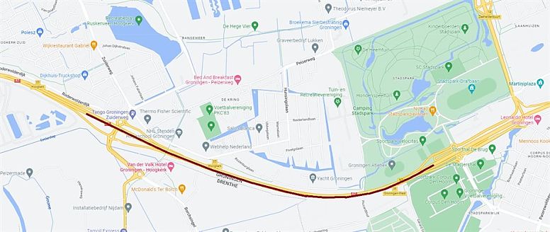 Afbeelding: het gebied van de tijdelijke situatie tussen Hoogkerk en Groningen-West