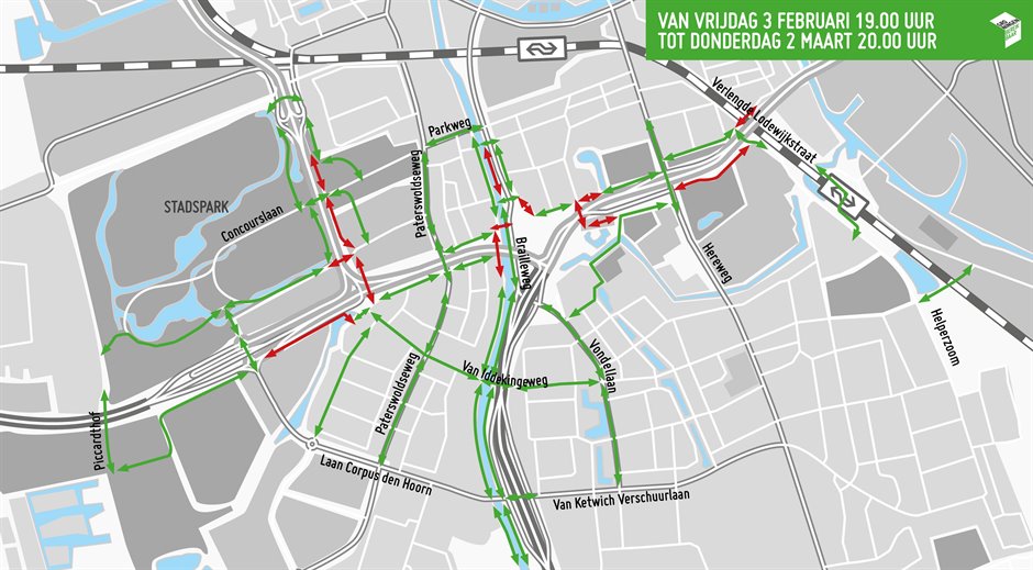 Kaart met afsluitingen en omleidingen voor fietsers. Afbeelding: Groningen Bereikbaar