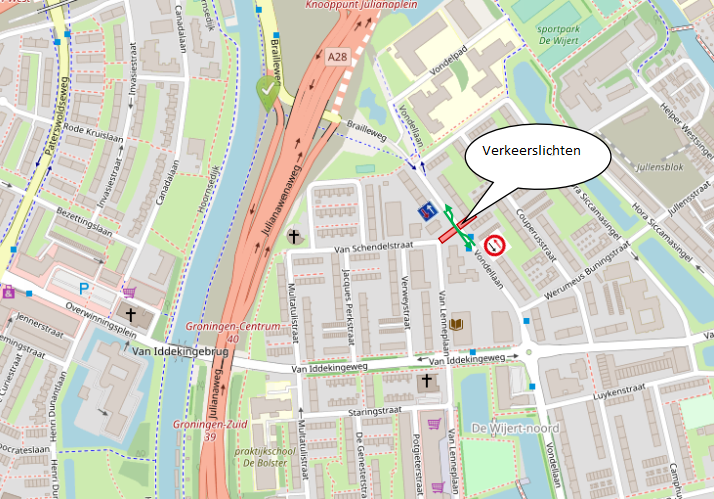 De Afsluiting van de Van Schendelstraat en de voorrangsregeling met verkeerslichten op de Vondellaan. Afbeelding: OpenStreetMap/Aanpak Ring Zuid