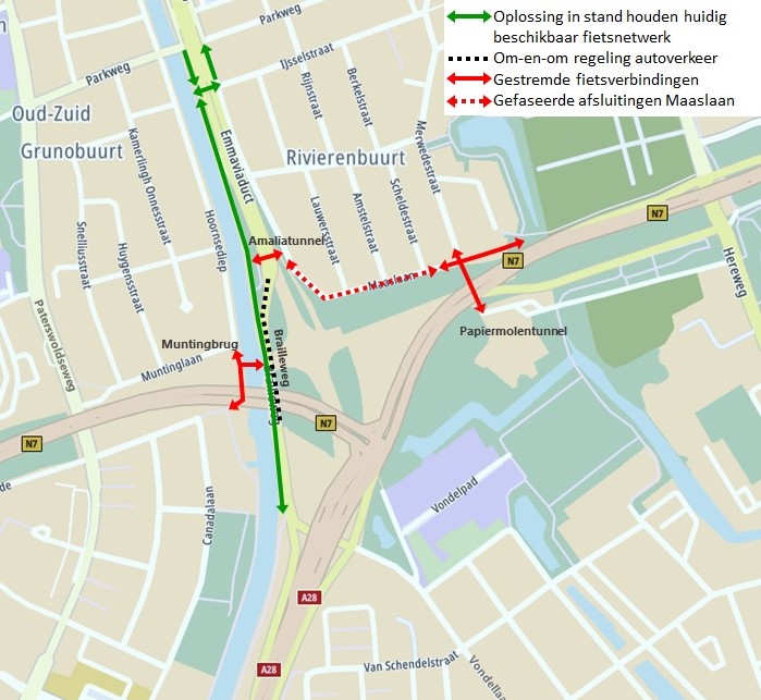 De situatie vanaf 6 maart. De groene lijn langs het kanaal is de nieuwe fietsverbinding. De zwart-witte stippellijn is het stuk waar het autoverkeer één rijstrook heeft. Afbeelding: Aanpak Ring Zuid