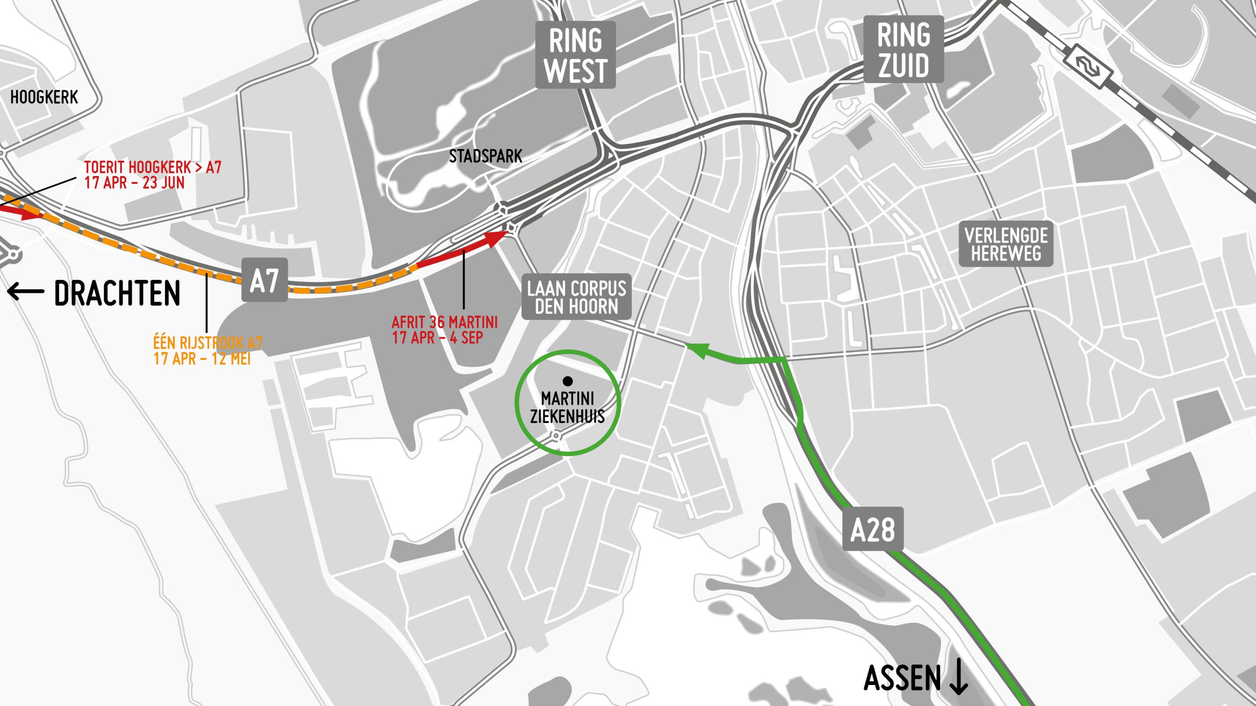 In groen de route voor verkeer vanuit Assen naar het Martini Ziekenhuis.