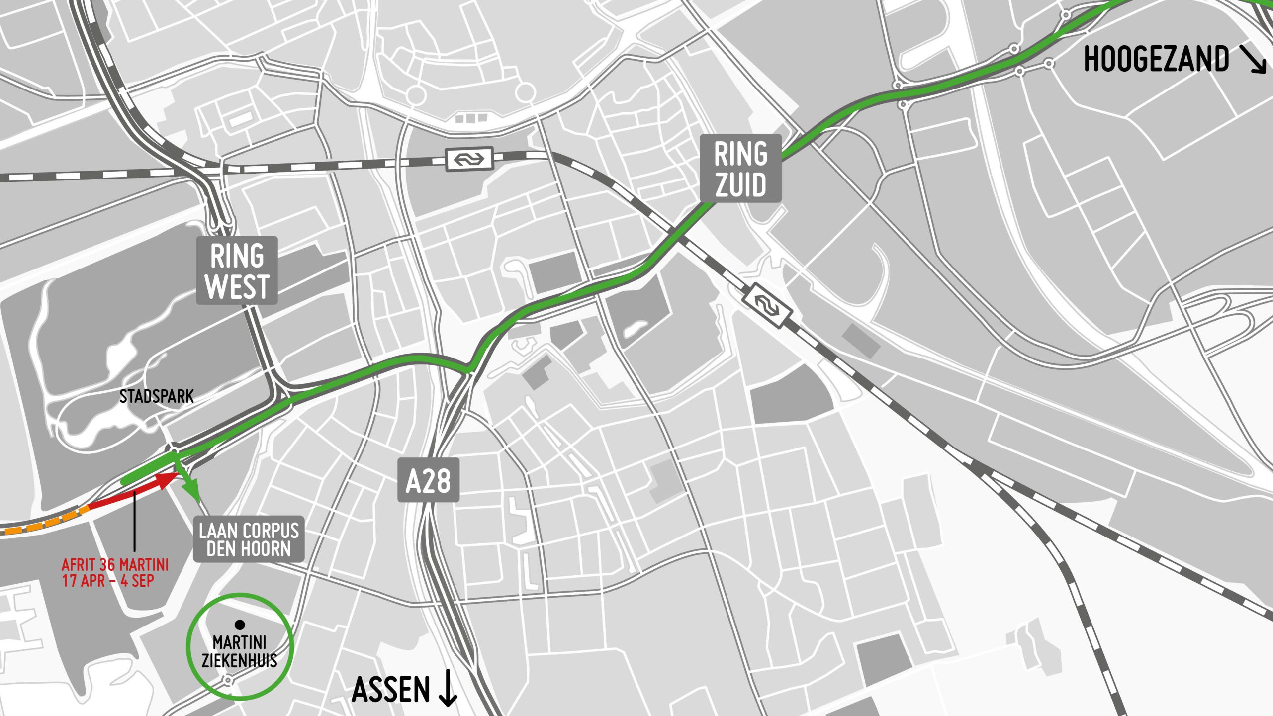 In groen de route voor verkeer vanuit Hoogezand/Ring Zuid naar het Martini Ziekenhuis.