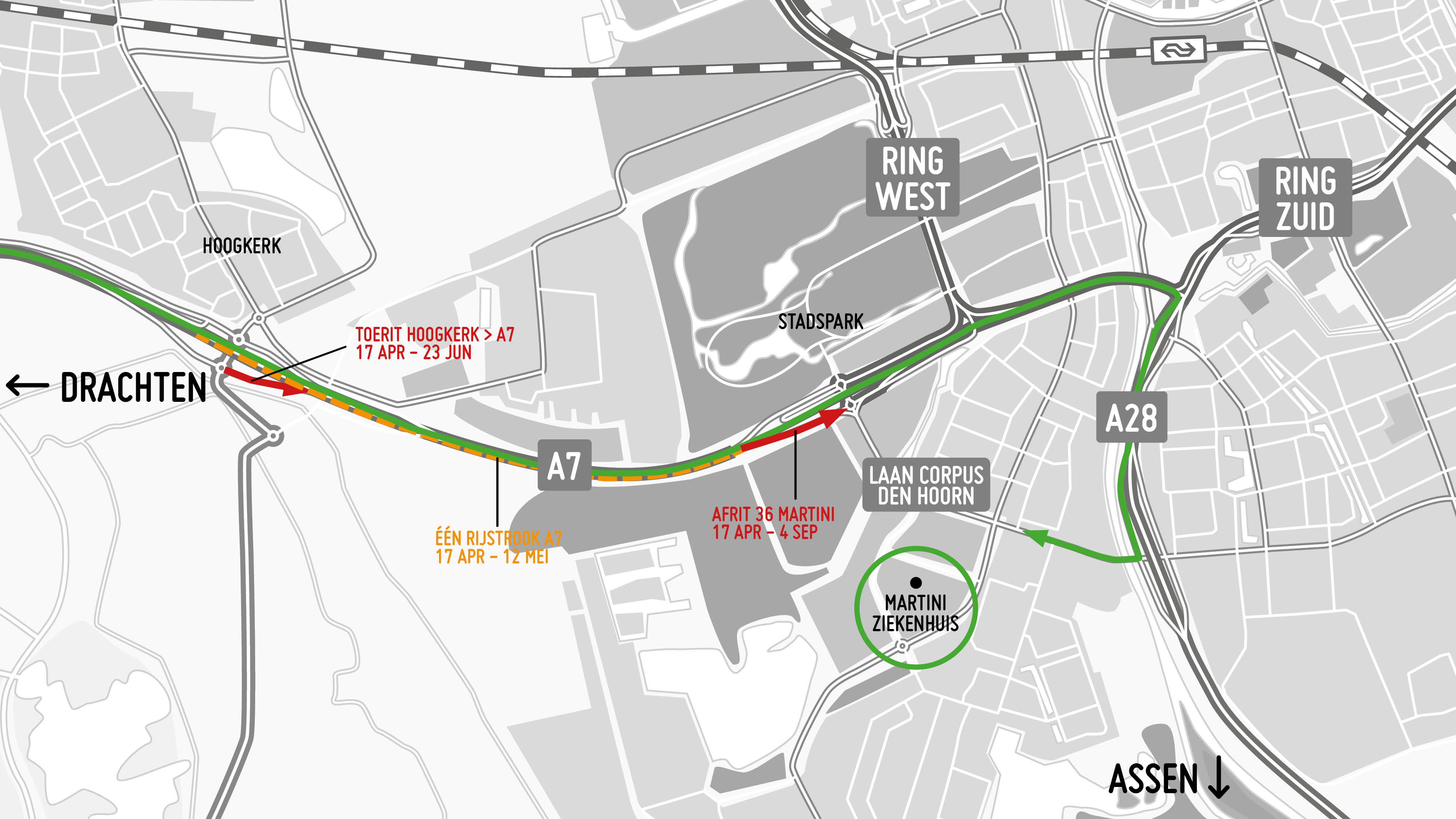 In groen de route voor verkeer vanuit Drachten naar het Martini Ziekenhuis. 
