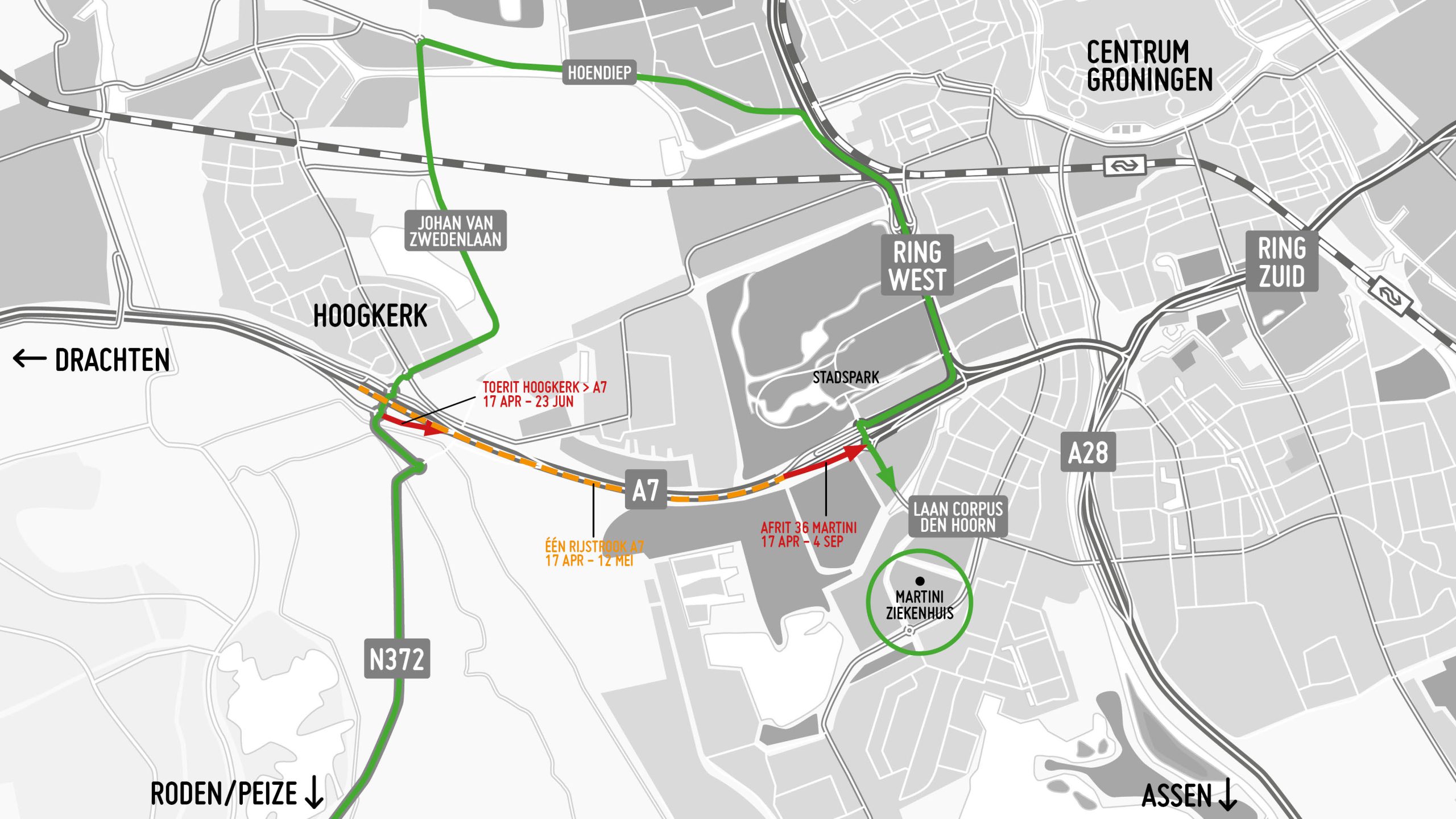 In groen de route voor verkeer vanuit Roden, Peize en Hoogkerk naar het Martini Ziekenhuis.