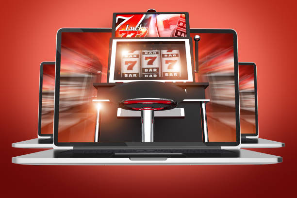 Graphic Design Of Online Gambling Represented By Computers And Slot Machine With Winning Lucky Sevens.