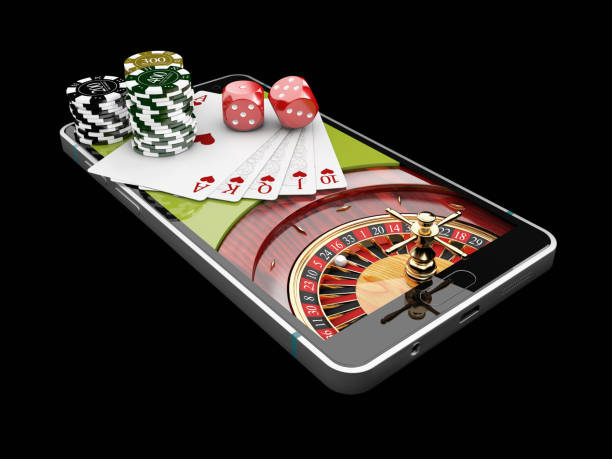 Online Internet casino app,poker cards with dice and casino chips on the phone 3d illustration.