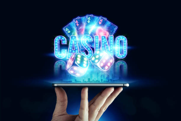 In a man's hand a smartphone with playing cards roulette and chips, black-neon background. Concept of online gambling, online casino. Copy space. 3D illustration, 3D render