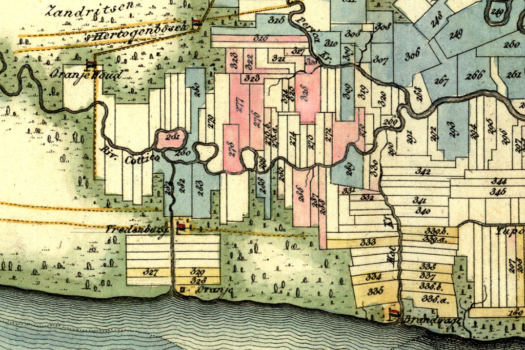Uitsnede kaart: Plantages in Suriname, 1835. Dr. Veelwaard en Zoon, Groninger Archieven