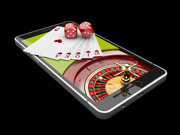 Online Internet casino app,poker cards with dice on the phone, gambling casino games. 3d illustration