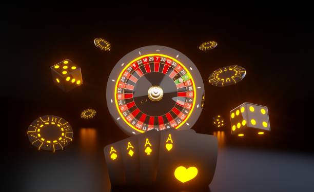 Modern, Futuristic Black And Orange Neon Roulette Wheel, Playing Cards, Casino Chips And Dices On Black Background.