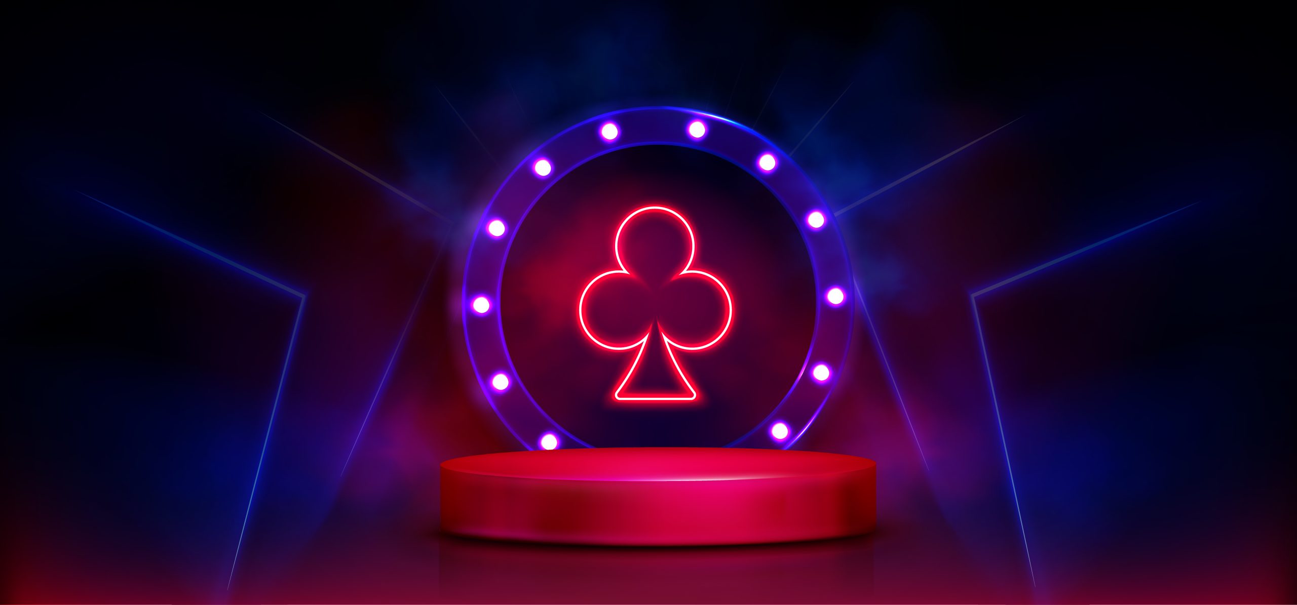 3d casino podium with neon light. Club poker card glow on gambling design. Futuristic led template in blue and red for web playing platform. Night electric symbol with bulb and laser illustration