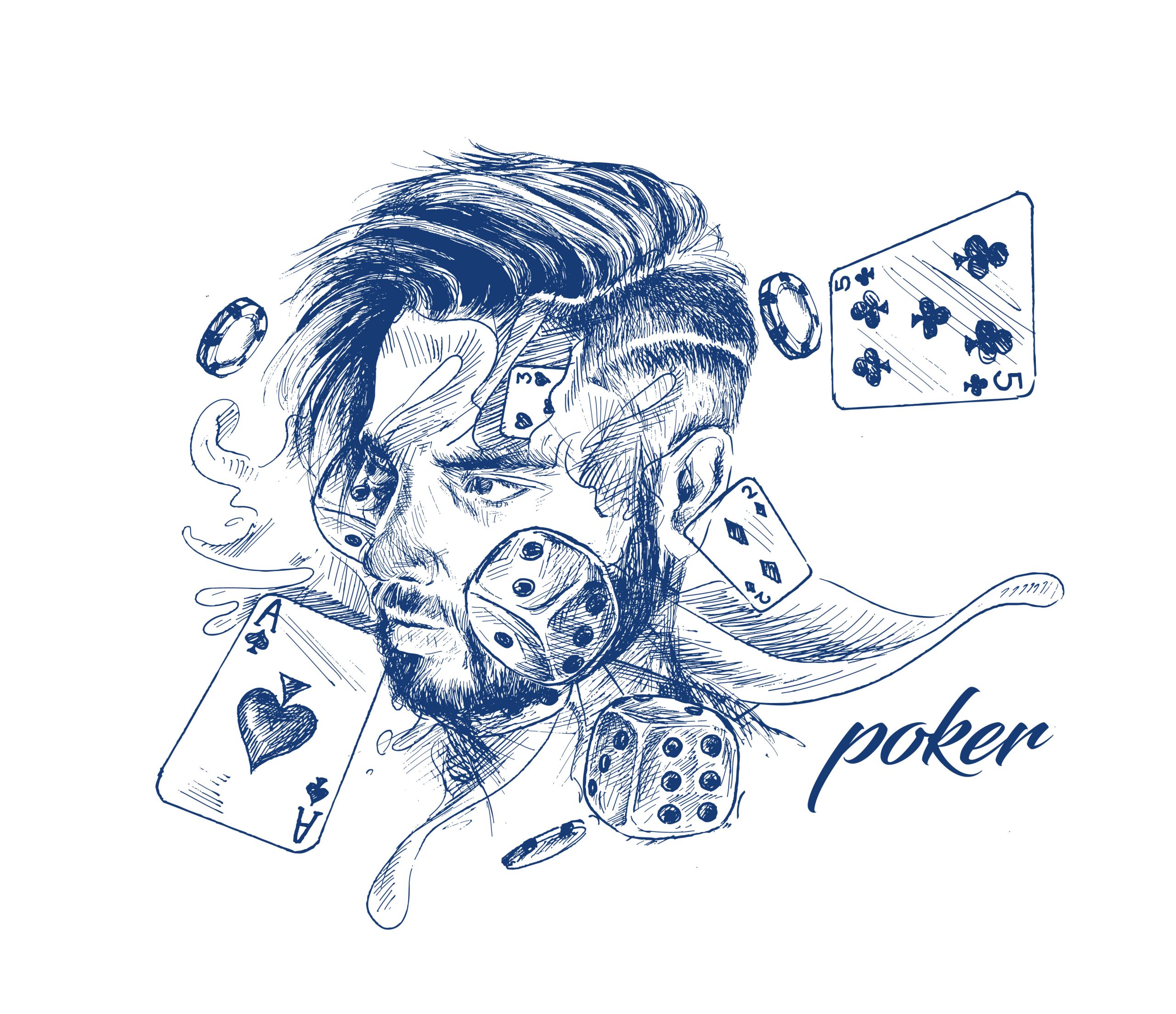 Casino theme with playing chips and poker cards - Hand Drawn Sketch Vector illustration.