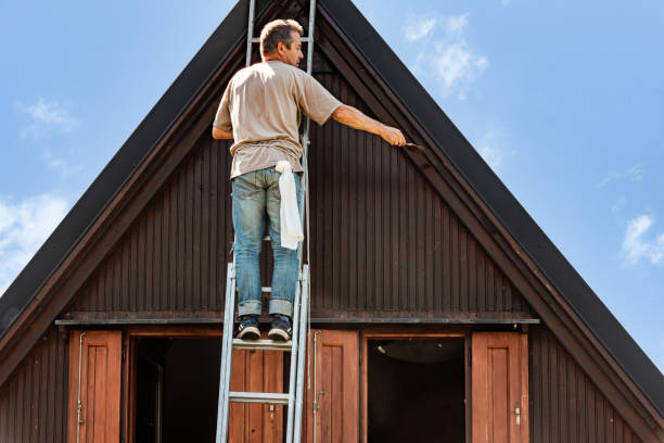 Man with Paintbrush on Sunny Summer Day Varnishing the Wooden Wall of a Cottage