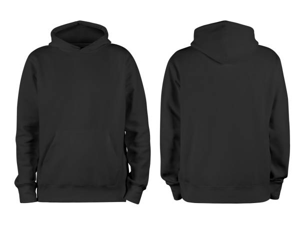 Men's black blank hoodie template,from two sides, natural shape on invisible mannequin, for your design mockup for print, isolated on white background
